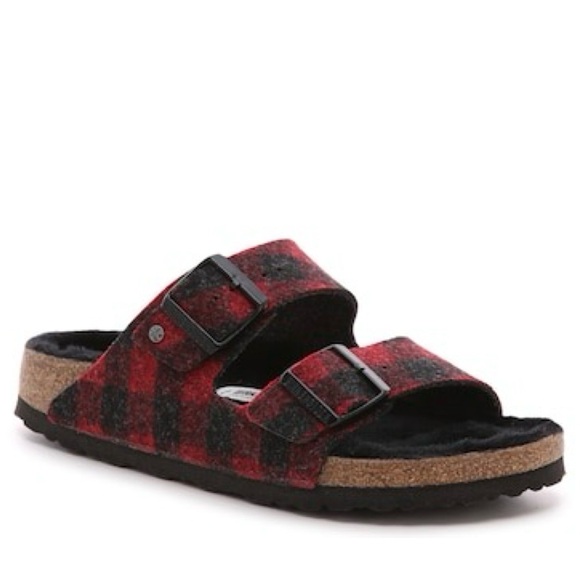 Birkenstock Arizona Shearling Red/Black Buffalo Plaid Slide Sandal Size L10/ M8 - Picture 2 of 16